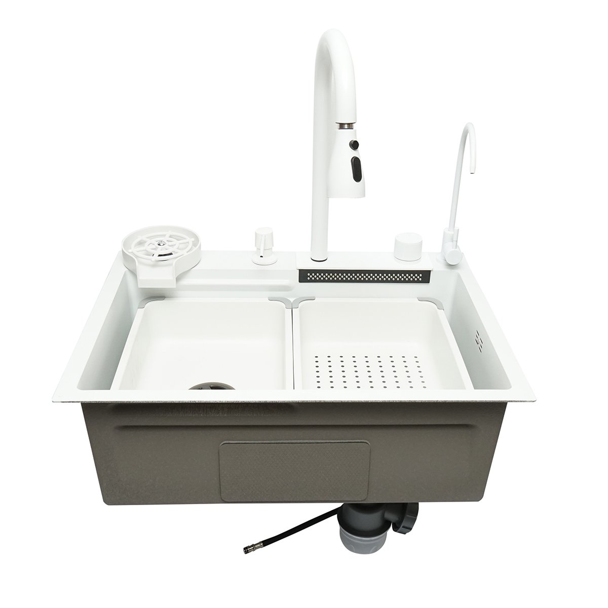Chiuveta bucatarie otel inoxidabil cu doua baterii, functie cascada, spalator pahare, dozator sapun, scurgator, tava, tocator si accesorii scurgere incluse, dimensiune 60x45x22cm